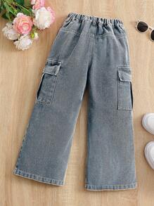 Young Girl' Street Fashion Roomy Pocket Wide Leg Denim Cargo Pants - Dark Wash - View 2