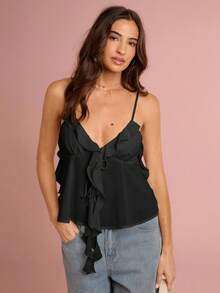 Enchnt 女式纯色细肩带 V 领无袖荷叶边下摆背心，夏季时尚