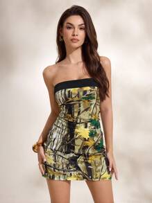 Shutterstock Glamance Vestido mini bandeau con estampado aleatorio, vestido camuflaje, vestido tubo sin tirantes, vestido bandeau, top tubo camuflaje Y2K 2000s, conjuntos de ropa para volver al colegio y salir de fiesta, atuendos sexy para citas nocturnas para mujeres - Multicolor - Ver 6
