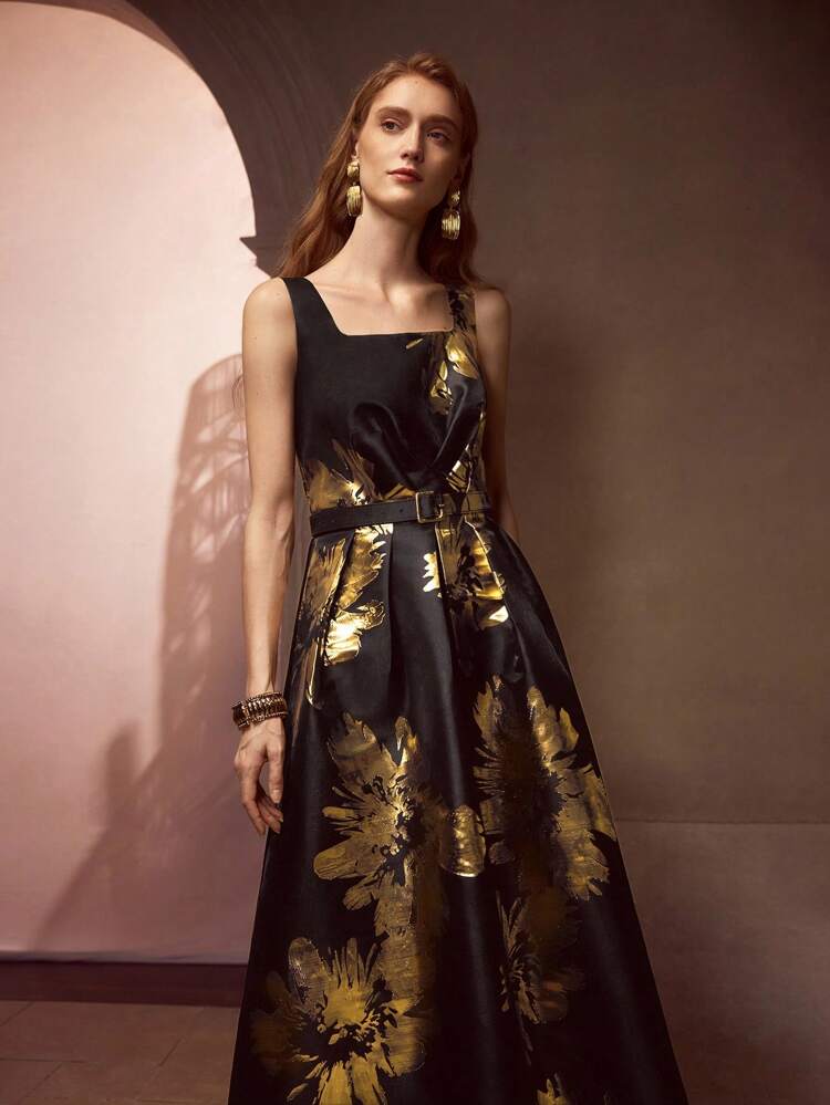 FLORAL PRINT BELTED MIDI DRESS