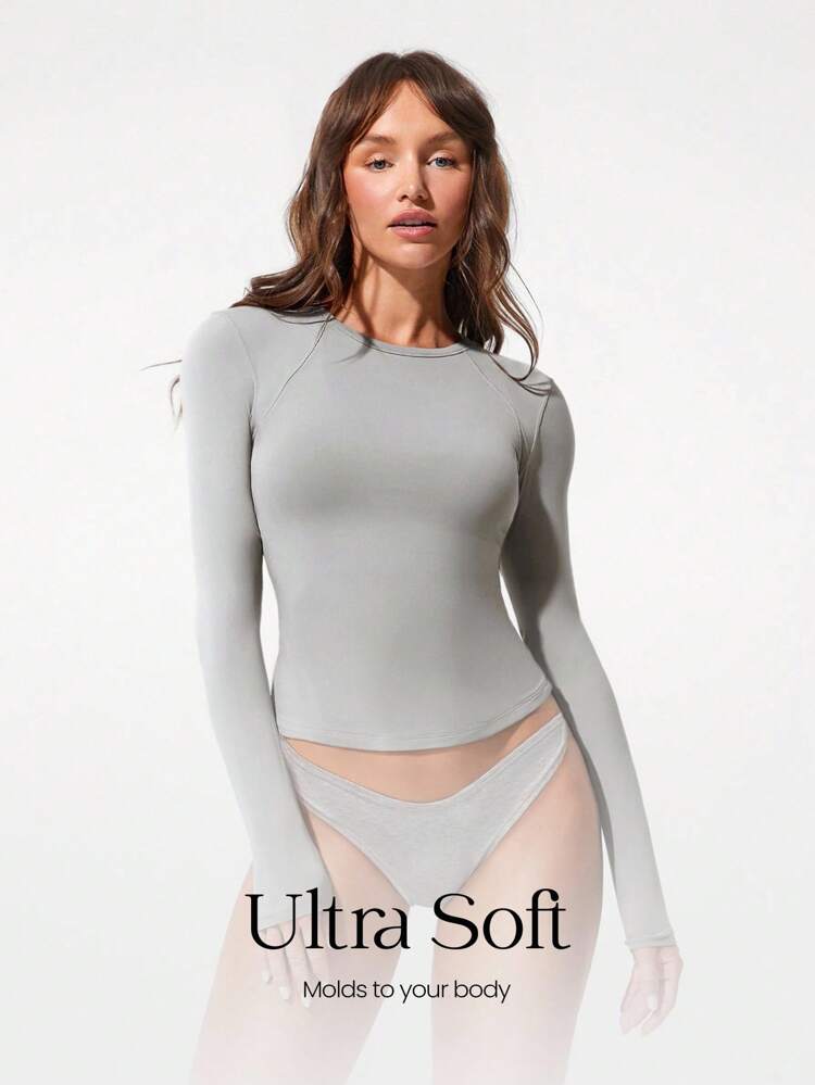 Shine Bright Soft Stretchy Breathable Slim Fit Hip Length Crewneck Long-Sleeve Top Daily Casual Wear