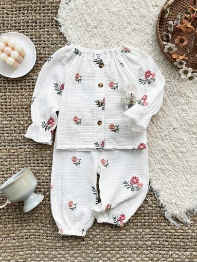 SHEIN 女婴幼儿新生儿0-3岁休闲日常居家户外纯棉高档双层纱布面料长袖上衣+长裤套装，婴儿纯棉衣服