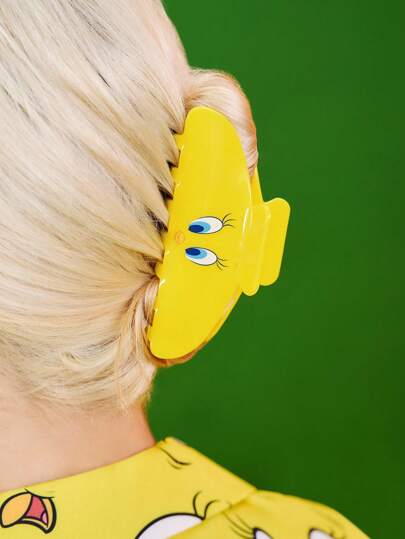 LOONEY TUNES X SHEIN 时尚可爱崔蒂黄色发夹，适合浓密头发，适合居家、淋浴、美容、发髻发型