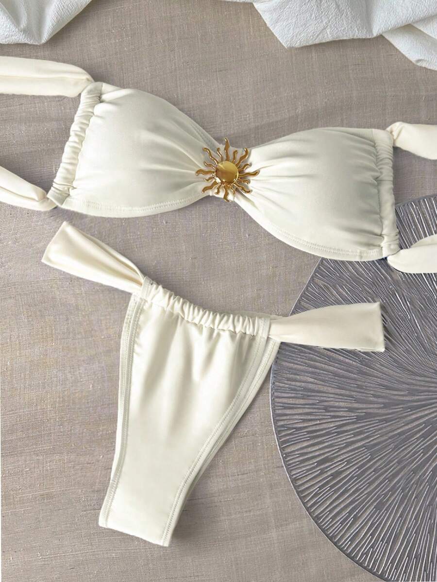 Swim Chiccia Solid Color Triangle Cup Metal Sun Accessory Decorative Bikini Set For Summer Beach Vacation - Apricot - View 1