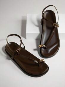 SHUZIA Women's Comfortable Gold Metal Toe Ring Flat Sandals For Christmas