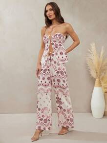 L'Amorae 女士节日花卉印花圆腰阔腿裤 - 紅白色 - 查看 6