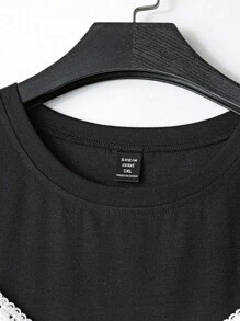 SHEIN Clasi Plus Size Women's Spring/Summer Knitted Lace Patchwork Round Neck Drop Shoulder Short Sleeve Loose Casual Fashion Elegant Chic T-Shirt For Daily Wear & Vacation Summer Women Clothes  Curve Plus   Vacation Women Clothes   Shein Curve