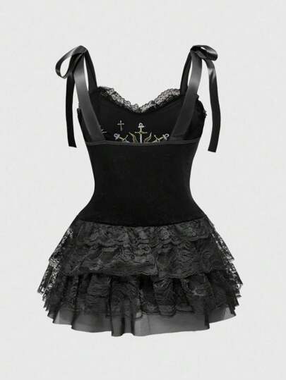 Goth Gothic Retro Palace Style Heart Eye Star Moon Embroidery Rhinestone Contrast Color Lace Trim Velvet Slip Dress With Spaghetti Straps For Plus Size Women