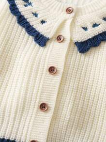 SHEIN Vintaside Kids Baby Girls' Embroidered Contrast Color Cardigan Sweater With Large Lapel, Autumn Vintage Baby Cardigan With Embroidered Flowers Fall Winter - White - View 6