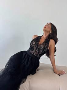 SHEIN Privé 女士优雅新款高端蕾丝下摆 - 黑色 - 查看 6