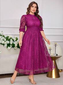 Modelyn Fashionable V-Neck Puff Sleeve Cinched Waist Flared Hem Dress, Slimming Fit, Spring/Summer - Red Violet - View 7