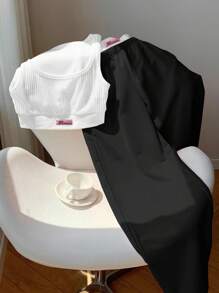 Comfortcana 女士休闲长裤和针织面料罗纹圆领吊带背心套装 Y2k 上衣女士休闲黑白套装女士罗纹背心和裤子套装 - 黑與白 - 查看 5