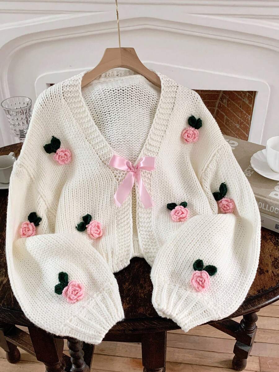 Comfortcana Damen Große Größen Lässig 3D Blumen leichte Strickjacken, Herbst/Winter