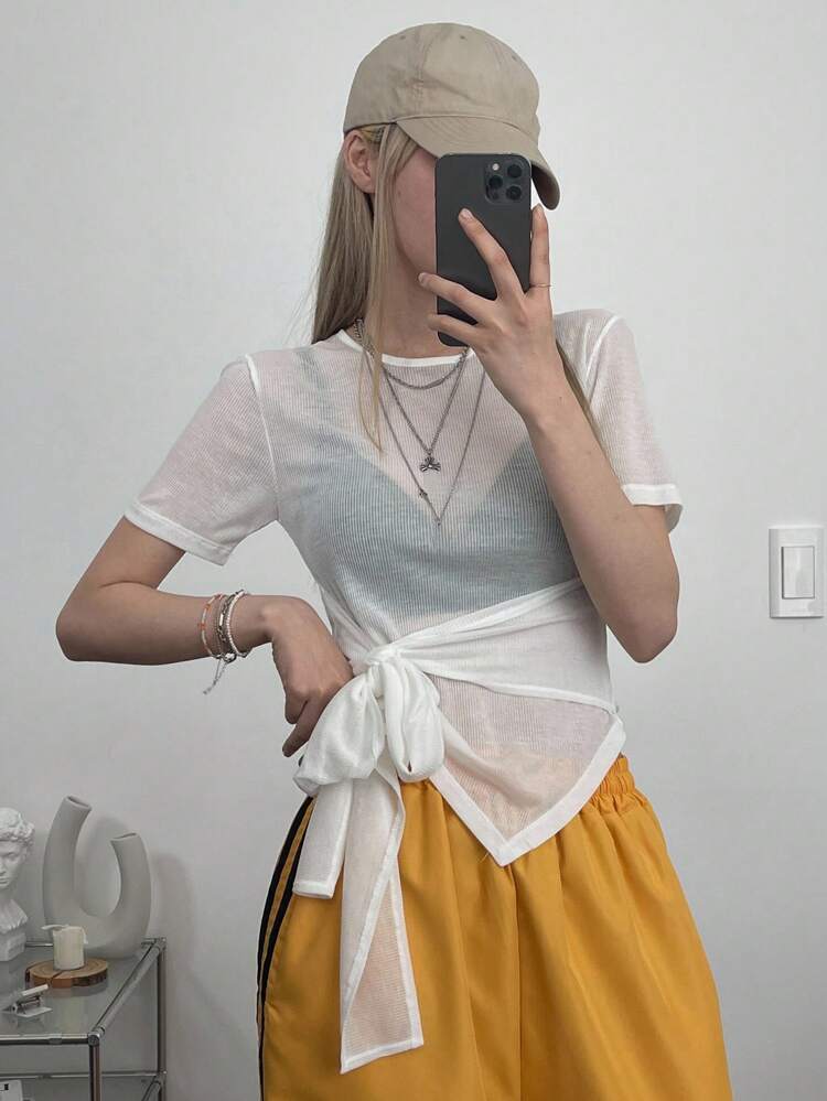 Women's Round Neck Waist Tie Short Sleeve Sheer T-Shirt
