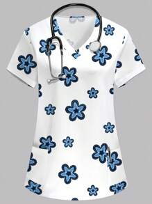 PopScrub Áo đồng phục bác sĩ/y tá cổ chữ V tay ngắn hai túi màu trắng có thiết kế in miếng vá denim giả đẹp mắt, áo chải lông thú cưng/chuyên gia dinh dưỡng/phòng thí nghiệm màu trơn cho nữ, đồ bảo hộ lao động chức năng, áo cánh mùa hè cho nữ - trắng - Xem 1