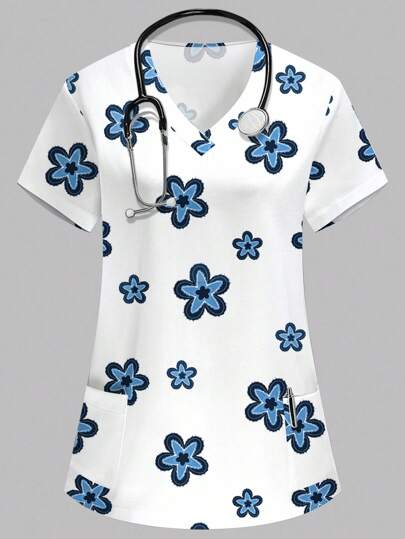 PopScrub V-Neck Short Sleeve Dual Pocket White Nursing/Doctor Uniform Top With Beautiful Faux Denim Patch Print Design, Women Solid Color Pet Grooming/Nutritionist/Lab Work Tops, Functional Workwear, Summer Ladies Blouse