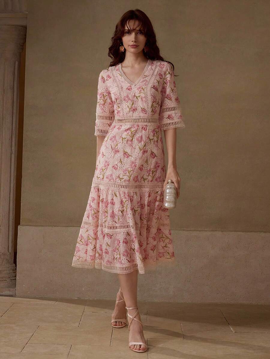 MOTF PREMIUM 满版花卉印花撞色蕾丝风潮中长连衣裙