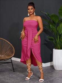 Slaydiva 新款春夏休闲度假抹胸上衣，正面和中间采用重叠褶裥设计，弧形下摆，前短后长，黄色竖条纹纹理女式加大码长裙 - 玫紅色 - 查看 6