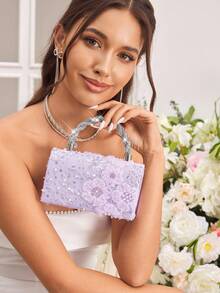 SHEIN Belle 女士水钻装饰奢华时尚手提包和晚装手包 - 淡紫色 - 查看 2