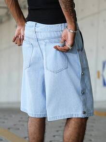 Manfinity EMRG 男士宽松腰街头风多扣蓝色拼布牛仔短裤男浅色水洗牛仔短裤宽松牛仔短裤男 - 淺色水洗藍 - 查看 6