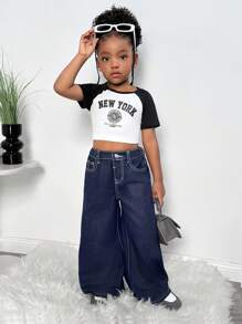 Young Girl Y2K Dark Blue Casual Blue Wide Leg Jeans ,Back To School Clothes ,Streetwear,Old Money Jeans,Fall Kid's  Casual And Comfortable  Wear - Dark Wash - View 6