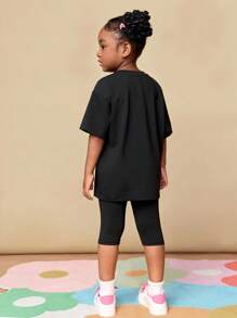 CutesyCutie 2pcs/Set Young Girl Solid Color Bow Design Loose Round Neck T-Shirt And Shorts Set Girls School Uniform,School Tops,Tops For School - Black - View 3