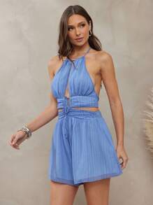 L'Amorae Women's Summer Sexy Solid Color Backless Halter Rompers - Blue - View 4