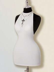 SHEIN ICON 女式十字印花露背系带迷你连衣裙