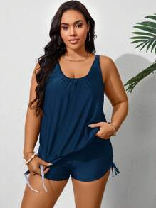 Swim Lushoire Plus Size Women's Simple Solid Color Round Neck Drawstring Ruched Tankini Swimsuit, Summer Beach Holiday Style Plus Size Summer Set - Navy Blue - View 6