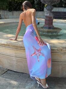 Aloruh Summer Holiday Deep V Neck Halter Slit Tight Mesh Dress For Women With Oceanic Print - Multicolor - View 2