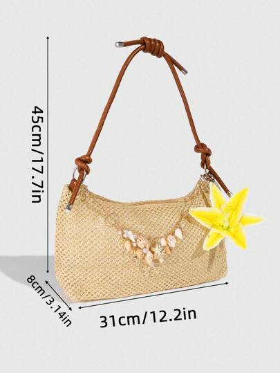 Fairycore 1 pièce Sac de paille décoré avec une chaîne d'éléments marins de style tropical, sac bandoulière sous le bras avec décoration de fleurs de lys