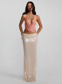 Aloruh Women's New Spring/Summer Sequin Halter Backless Sexy Elegant Retro Romantic Top, Y2K Music Festival - Pink - View 6