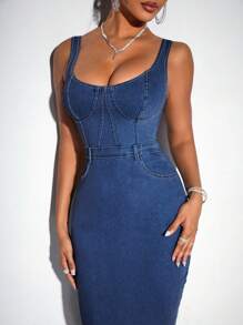 SHEIN BAE Summer Fashion Bustier Detail Open Slit Bodycon Denim Dress - Medium Wash - View 6