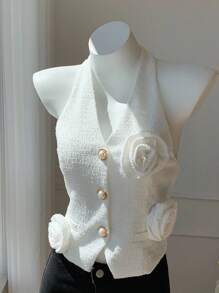 Comfortcana Women's Solid Color 3D Floral Decor Halter Neck Blouse - White - View 3