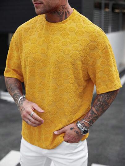 Manfinity Homme Men's Orange Floral Jacquard Short Sleeve T-Shirt, Textured Toweling Fabric