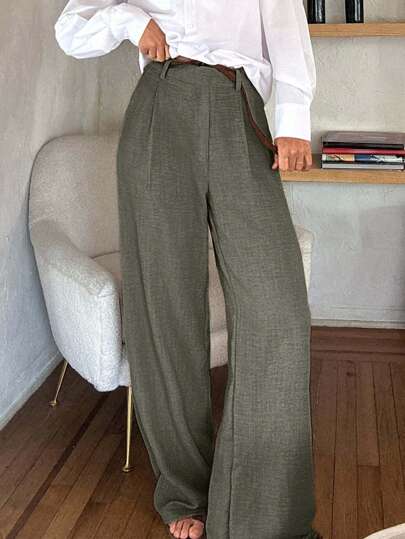 WOMEN WIDE LEG HIGH WAIST PANTS WITH BELTED