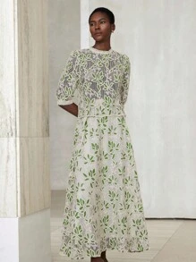 Aveloria Modichic Elegante conjunto de 2 piezas con blusa de cuello redondo con bordado hueco en estilo vintage y falda midi/maxiamplia - Multicolor - Ver 5