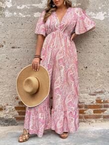 Breezaya Mono corto con cuello en V, volantes y manga corta con estampado floral, para mujer de tallas grandes, estilo elegante y bohemio - Rosa - Ver 3