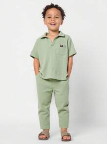 SHEIN 2pcs/Set Kids Boys Summer Casual Pullover Short Sleeve Top And Pants Set,Suitable For School,Garden,Beach,Birthday,Spring,Autumn,Winter Seasons - Mint Green - View 2