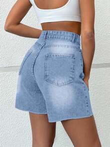 SHEIN Cottnline 100%Cotton Women's Frayed Straight-Leg Denim Shorts - Baby Blue - View 2