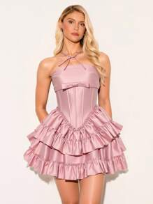 Glamine Elegant Pink Fishtail Layered Midi Skirt, Summer - Baby Pink - View 1