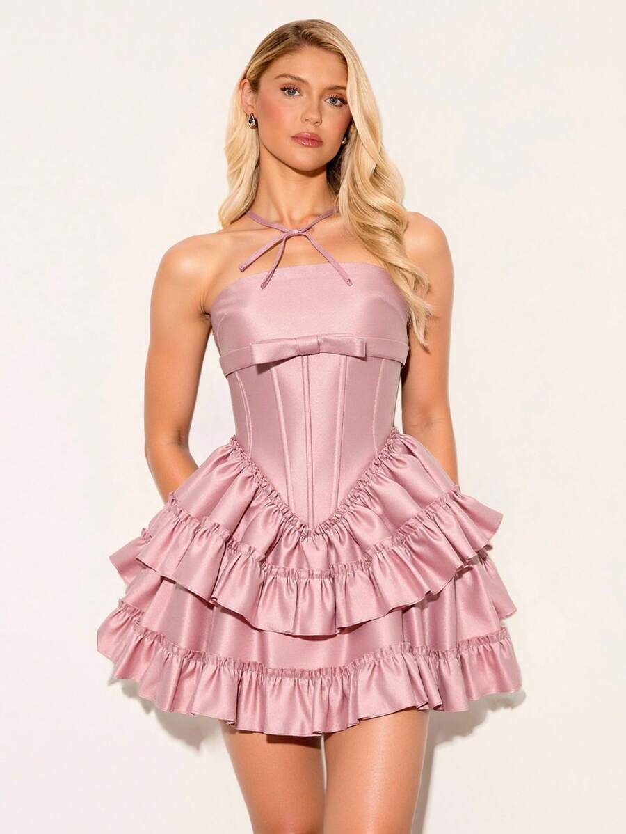 Glamine Elegant Pink Fishtail Layered Midi Skirt, Summer - Baby Pink - View 1