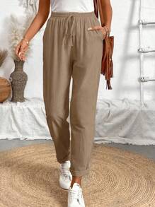 Calvaya Solid Color Elastic Waistband Tapered Pants With Diagonal Pockets And Tie Belt For Casual And Versatile Look,Ladies Spring/Fall Casual Drawstring,Pocket Natural Jogger Cropped Khaki Regular Fit Women Pants,Casual Daily Wear