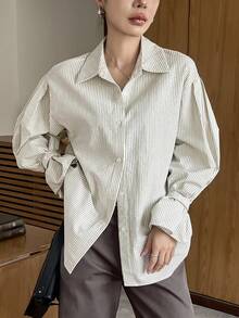 DAZY 女式条纹长袖单排扣休闲宽松通勤衬衫秋季 - 米色 - 查看 4