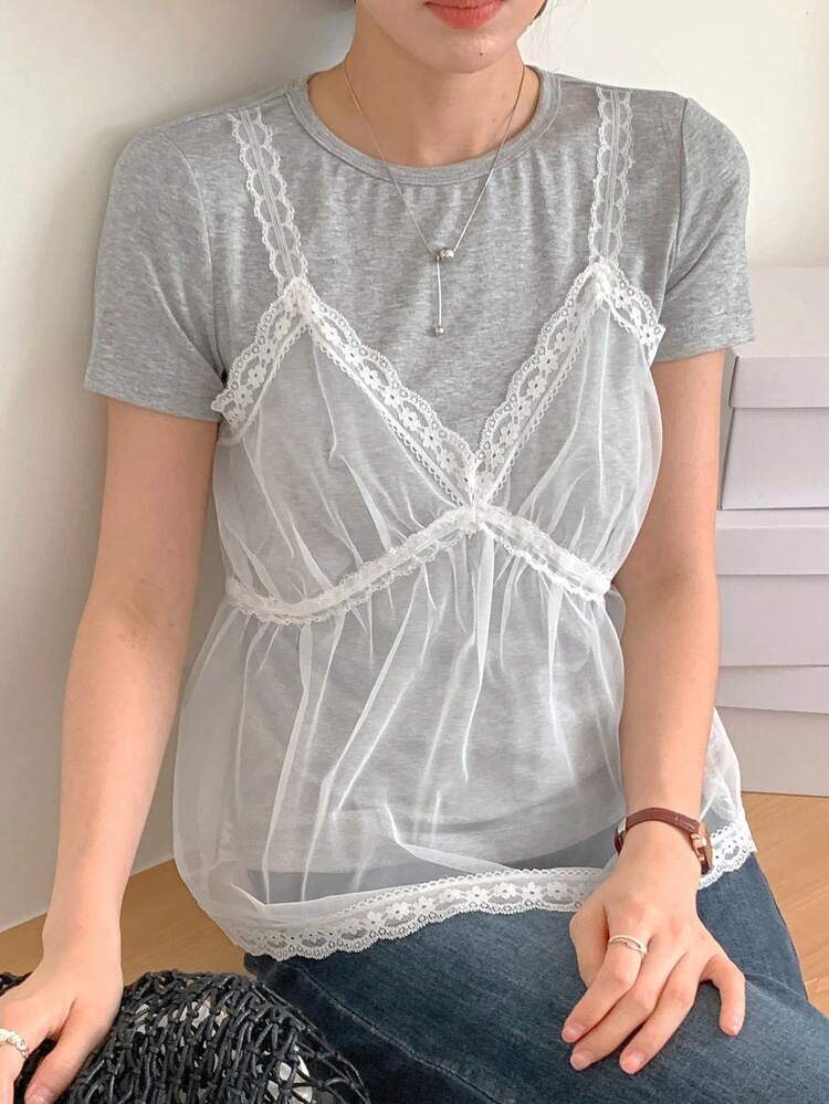 Women's Lace Trim Camisole Splice Short Sleeve Casual T-Shirt With Back Tie