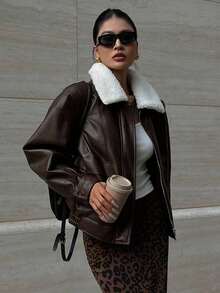 Livesso Women Fashionable Versatile Contrast Color Fuzzy Collar Jacket, Autumn/Winter Leather Jacket With Sherpa Collar - Brown - View 3