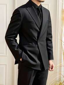 Manfinity Bizformal Men's Solid Color Regular Shoulder Business Casual Suit Jacket And Pants Set - Black - View 4