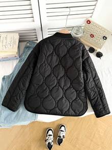 SHEIN 青少年女孩宽松休闲简约舒适豹纹印花圆领弧形下摆夹克 - 黑色 - 查看 2