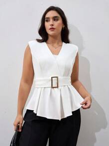 Chikora Veste élégante pour femme grande taille, col V sans manches, couleur unie, ceinture à la taille. Tout blanc. Convient pour les enseignantes, les femmes d'affaires décontractées, le bureau, le travail, les voyages, l'aéroport.