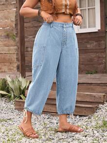 SHEIN CURVE+ Plus Size Women Vacation Casual Cropped Jeans  Baggy Jeans Oversized Jeans Autumn